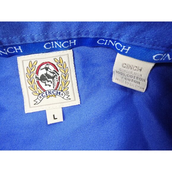 Cinch Size Large Mens Blue Embroidered Pocket Logo Button Down Cotton Shirt - Picture 4 of 9